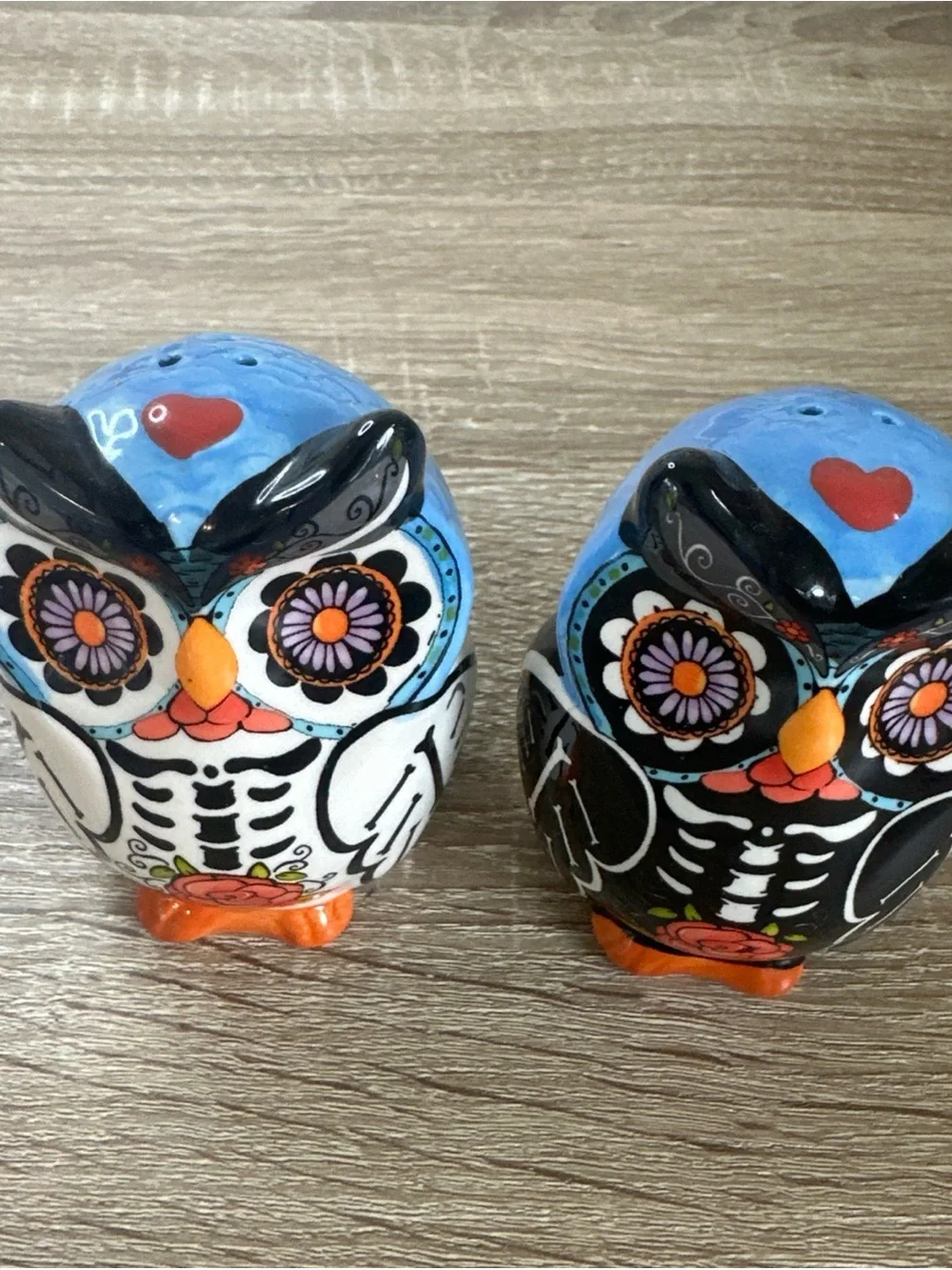 Source Unknown Day of the Dead Owl Salt and Pepper Shakers - Blue, Black, Orange
